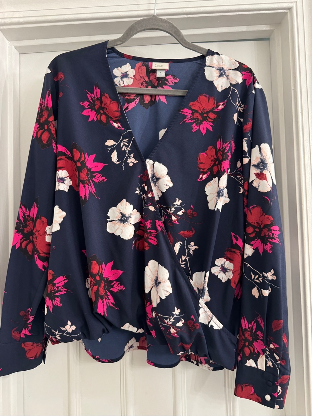 a new day Navy Floral Wrap Blouse with Pink & White Flowers